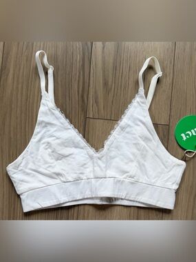 Pact Pretty Plunge White Lace-Trim Bralette Organic Sz S